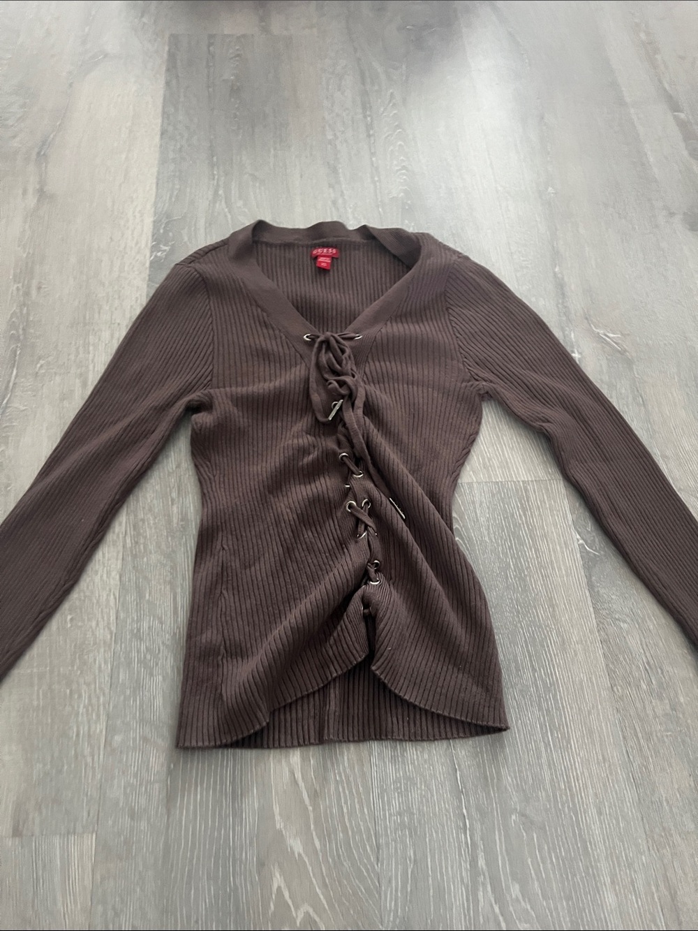 Guess Brown Ribbed Lace-Up Long Sleeve Top